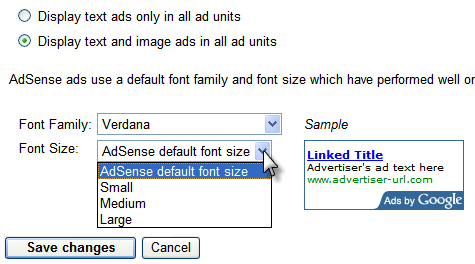 tamaño de fuentes de Adsense
