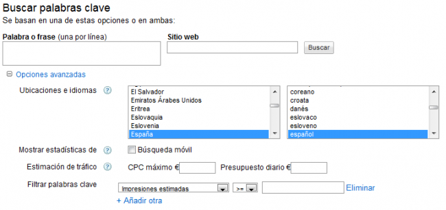 Filtros de búsqueda en Adwords Keywords Tool