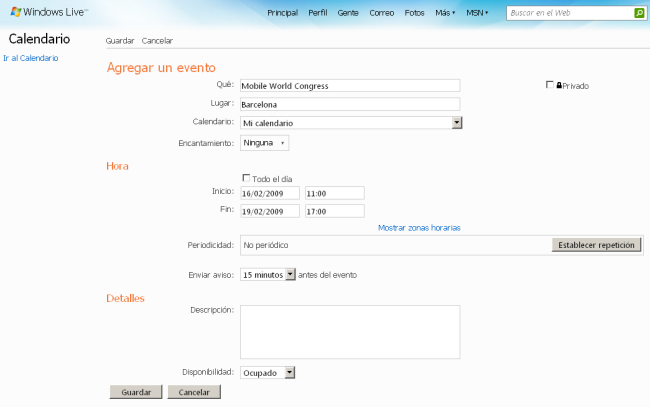 añadir a Windows Live Calendar