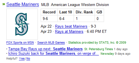 Windows Live Search con resultados de Baseball